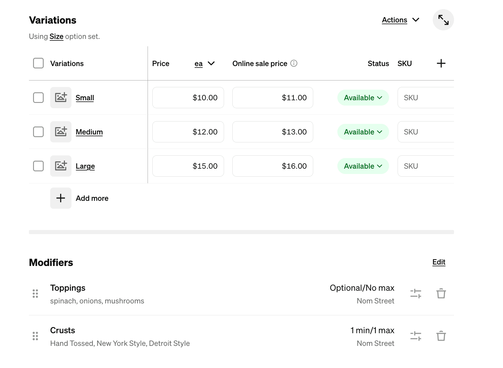 Square dashboard — modifiers and item options